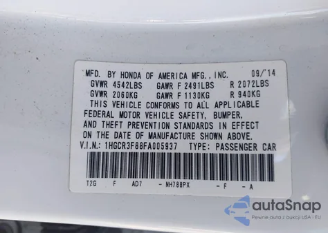 2015 Honda Accord Exl z USA, uszkodzony, nr VIN 1HGCR3F88FA005937